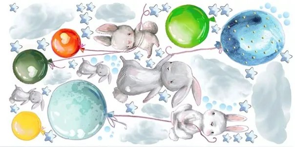 Adesivi da muro per bambini con design coniglietti con palloncini colorati 60 x 120 cm