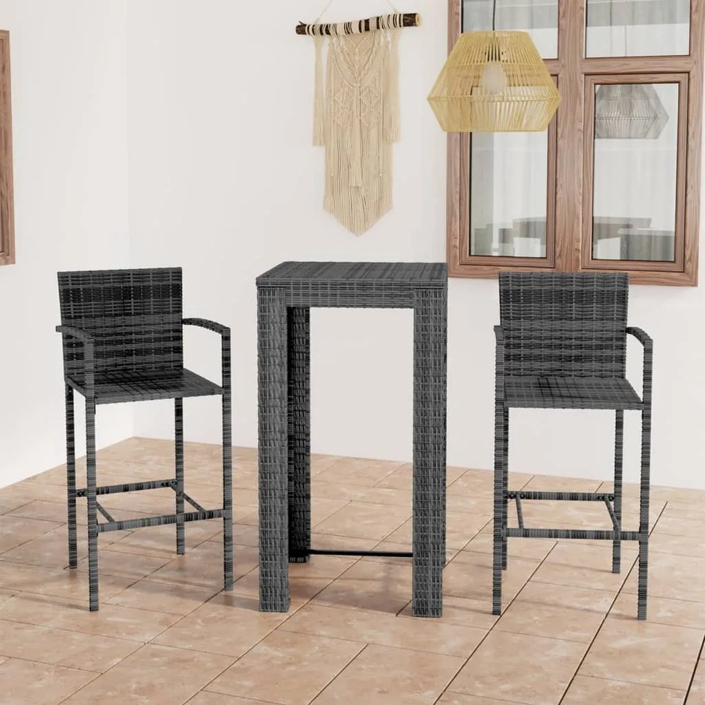 Set Bar Da Giardino 3 Pz Con Braccioli İn Polyrattan Grigio /