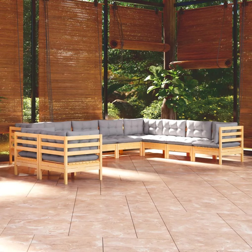 Set divani da giardino 10 pz con cuscini grigi massello di pino