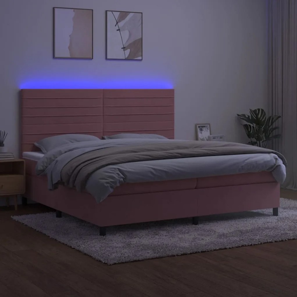 Letto a Molle con Materasso e LED Rosa 200x200 cm in Velluto