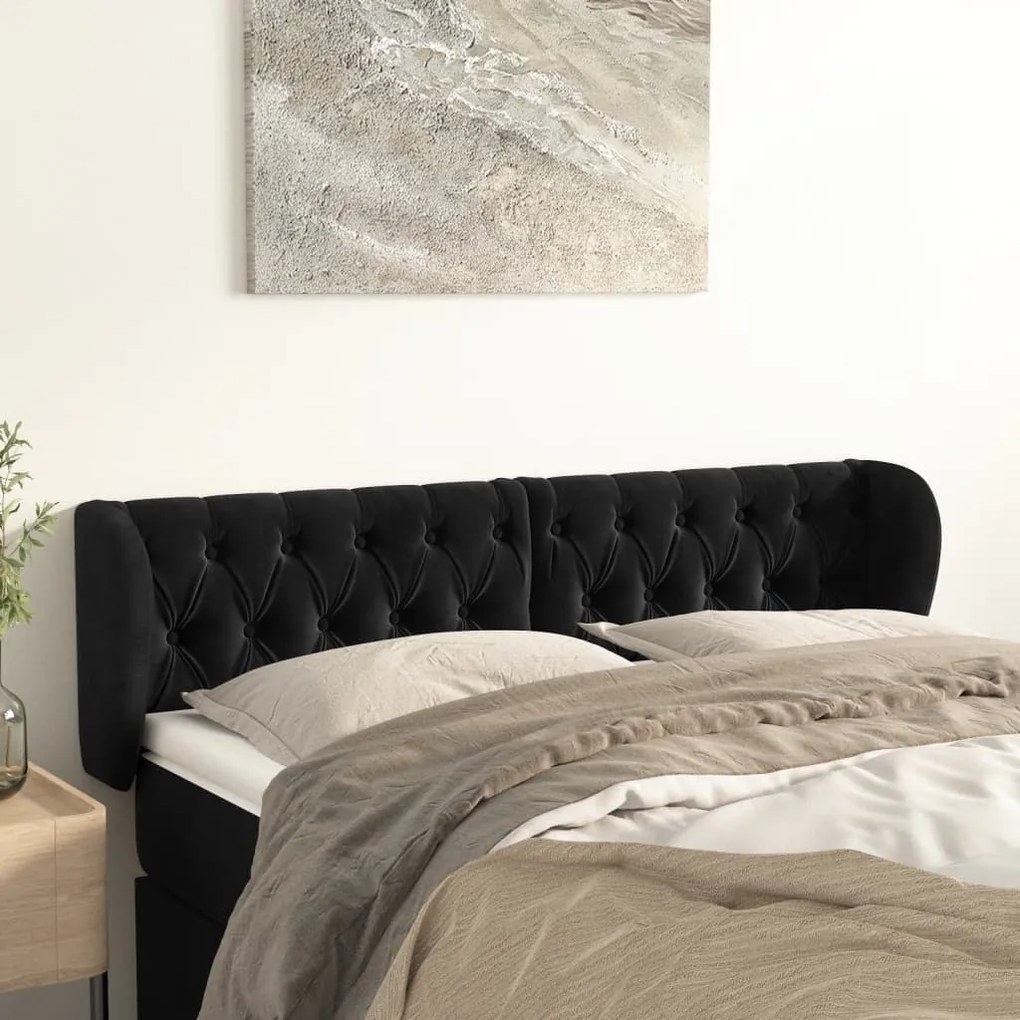Testiera Ad Orecchio Nera 163x23x78/88 Cm İn Velluto /