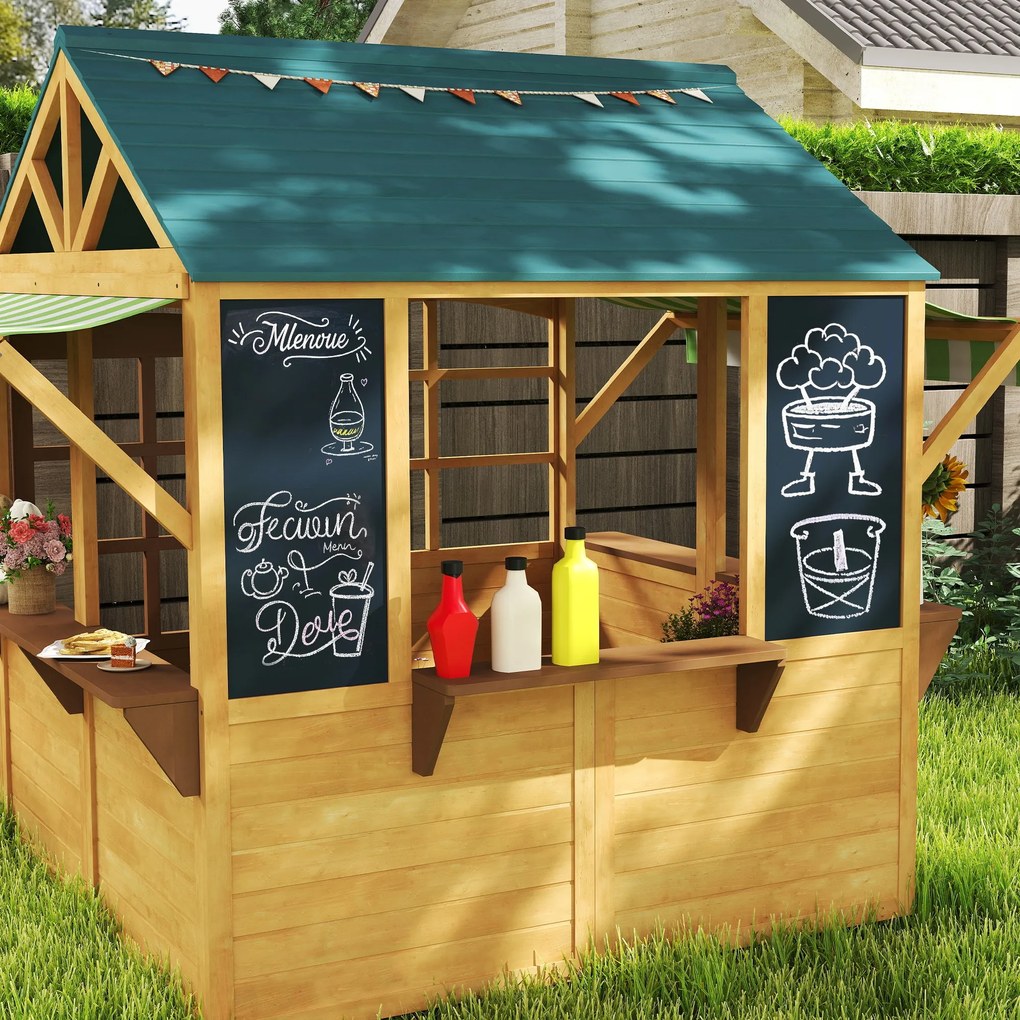 Casetta per Bambini 3-8 Anni 173x117x144 cm con 5 Finestre e 2 Lavagne in Legno di Abete Marrone e Blu...
