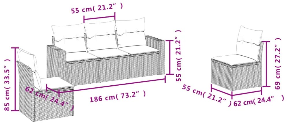 Set divani da giardino 5 pz con cuscini in polyrattan nero