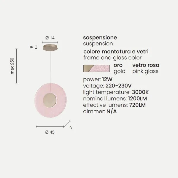 Lampada a sospensione LED CANDY 45 cm in metallo Oro e vetro graniglia Rosa