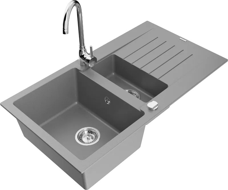 Mexen Matias lavello in granito a 1,5 vasche con scolapiatti e rubinetto da cucina Telma, grigio - 6502-71-670200-00