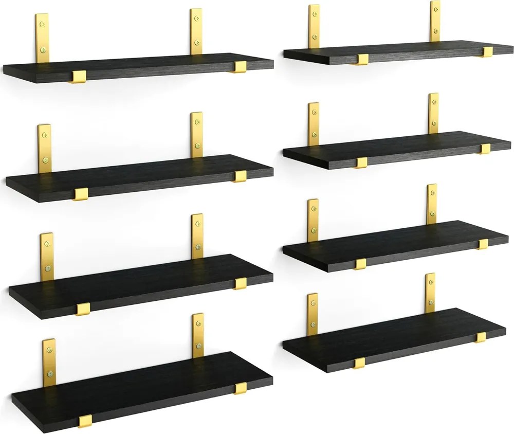 Set 8 Mensole da Parete 40x15x1,5 cm Staffe Oro Scaffalatura da Muro in Legno Nero...
