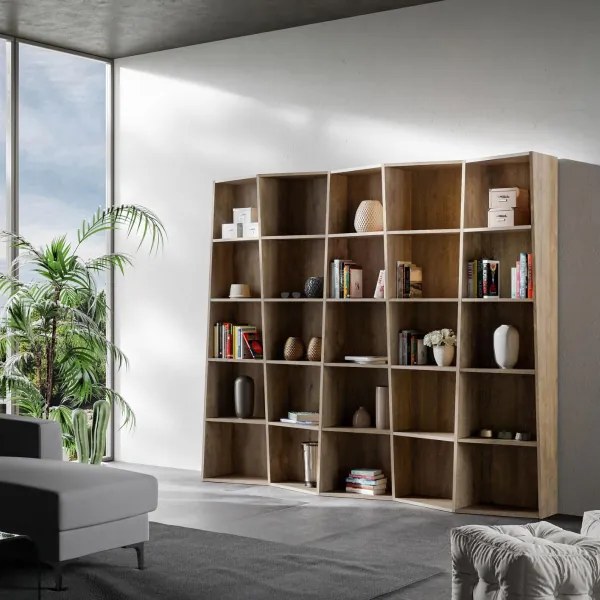Libreria in legno Noce 227x200h cm con 5 elementi e vani trapezoidali TREK