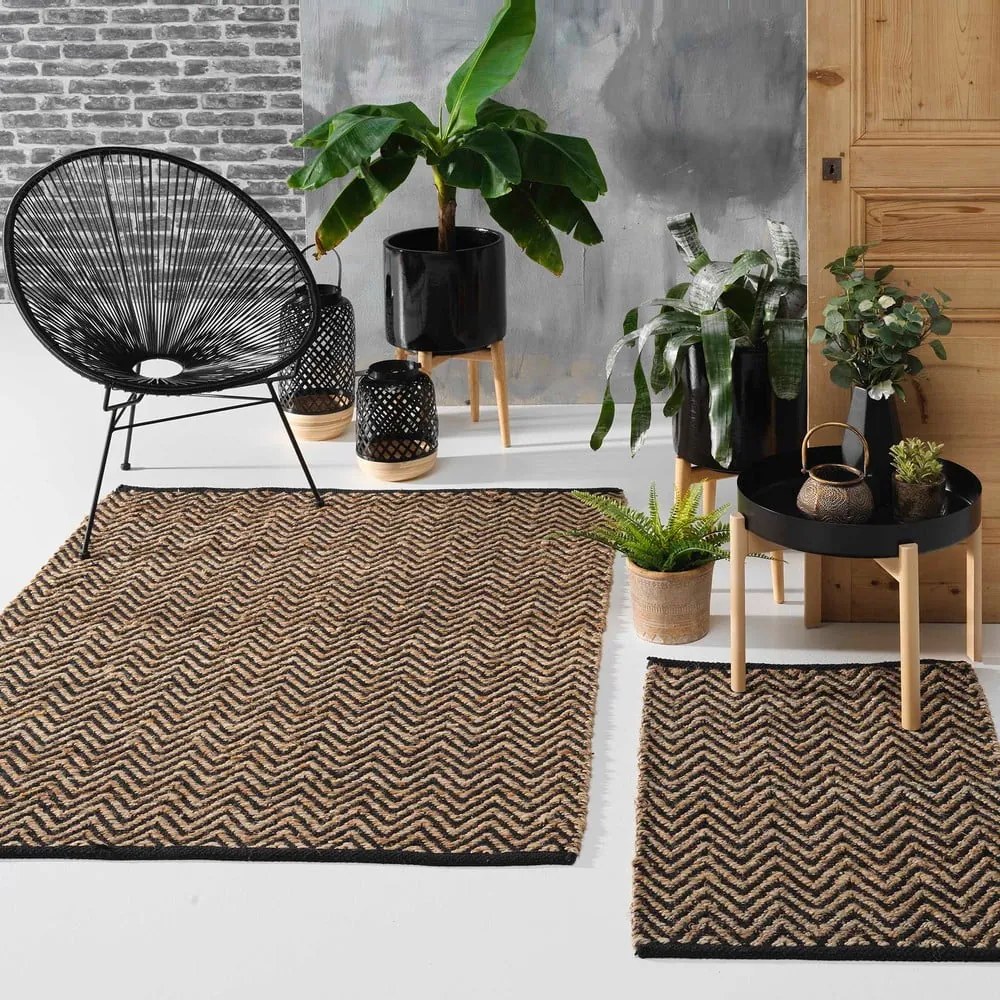 Tappeto nero/di colore naturale in misto iuta 120x170 cm Zigzag – douceur d'intérieur