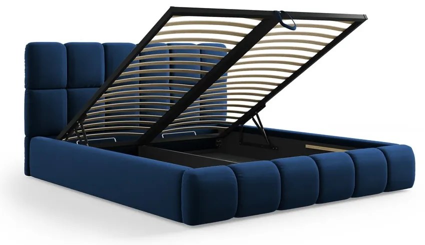 Letto matrimoniale imbottito in blu scuro in velluto con contenitore con rete inclusa 140x200 cm Bellis – Micadoni