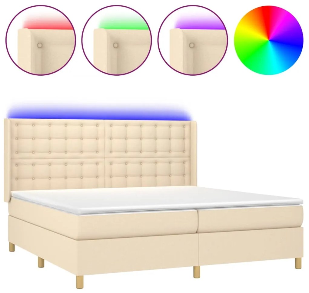 Letto a molle materasso e led bianco 200x200cm in tessuto