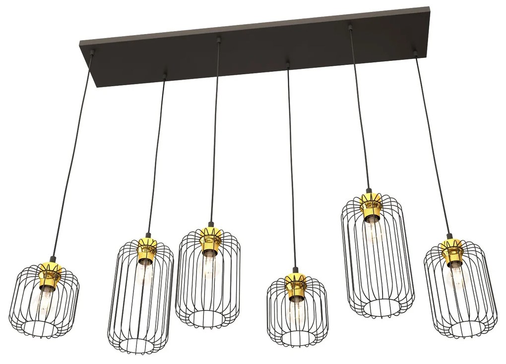 Sospensione Minimal Industrial Vander 6 Luci Lineari Nera E Oro