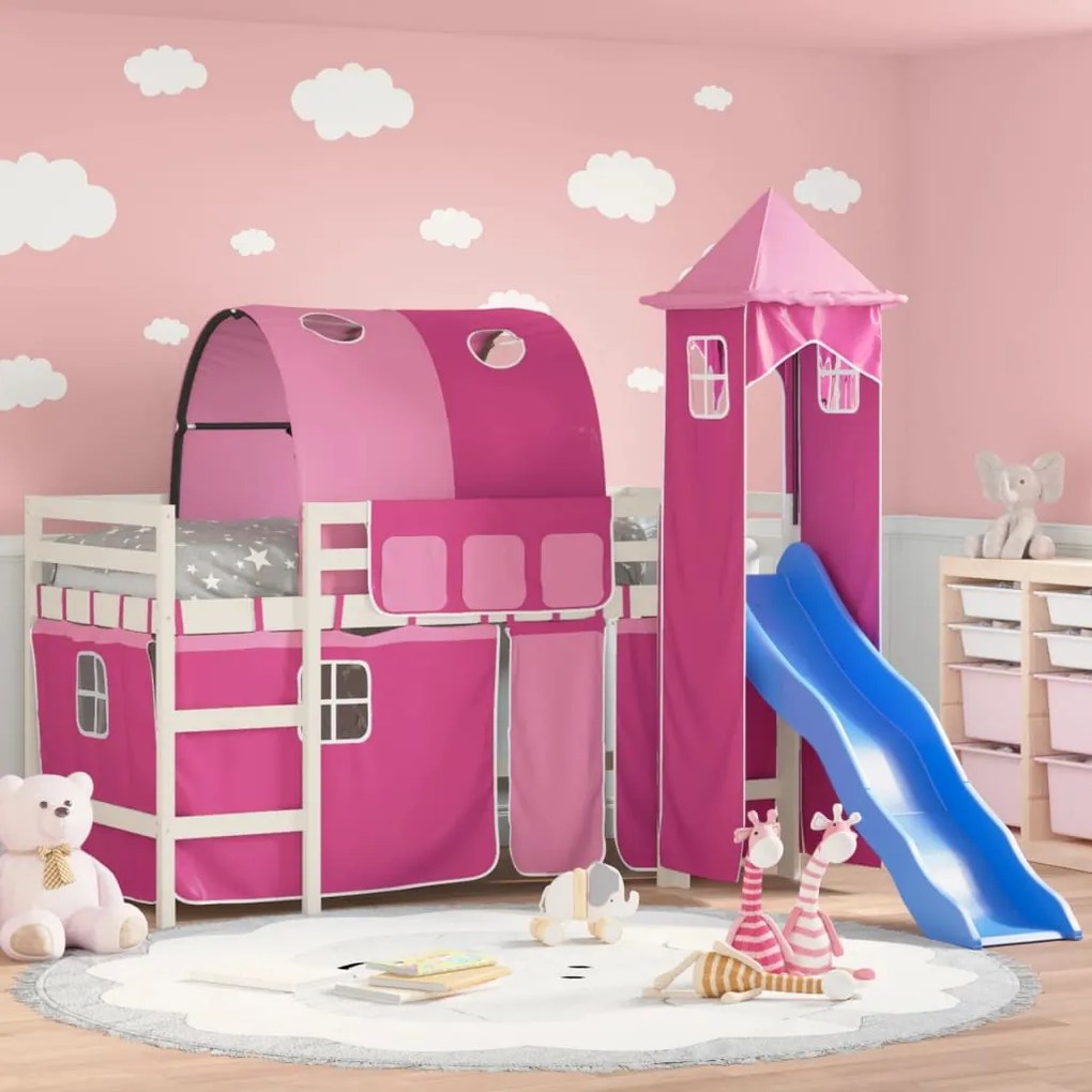 Letto A Soppalco Con Torre Bambini Rosa 90x200cm Massello Pino /