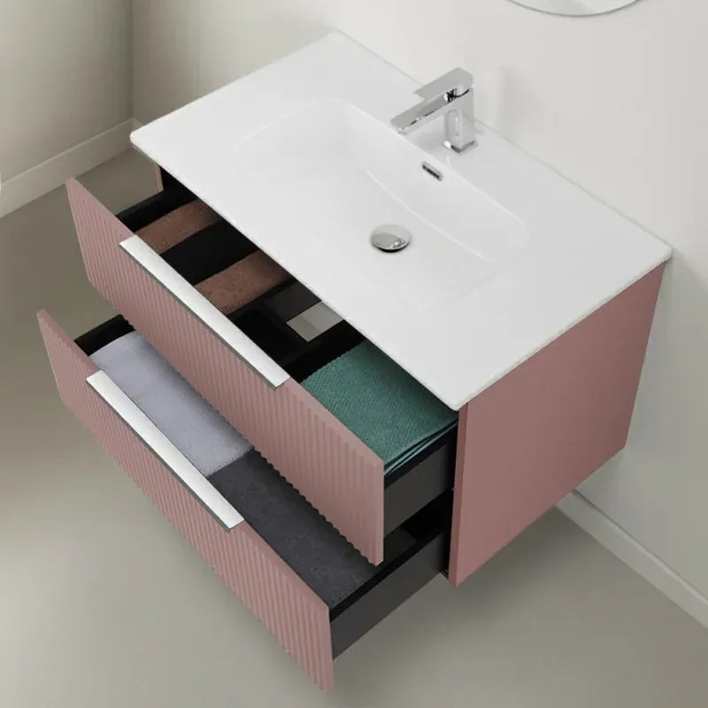 Mobile bagno sospeso 80 cm rosa cannettato con lavabo e specchio tondo Zena