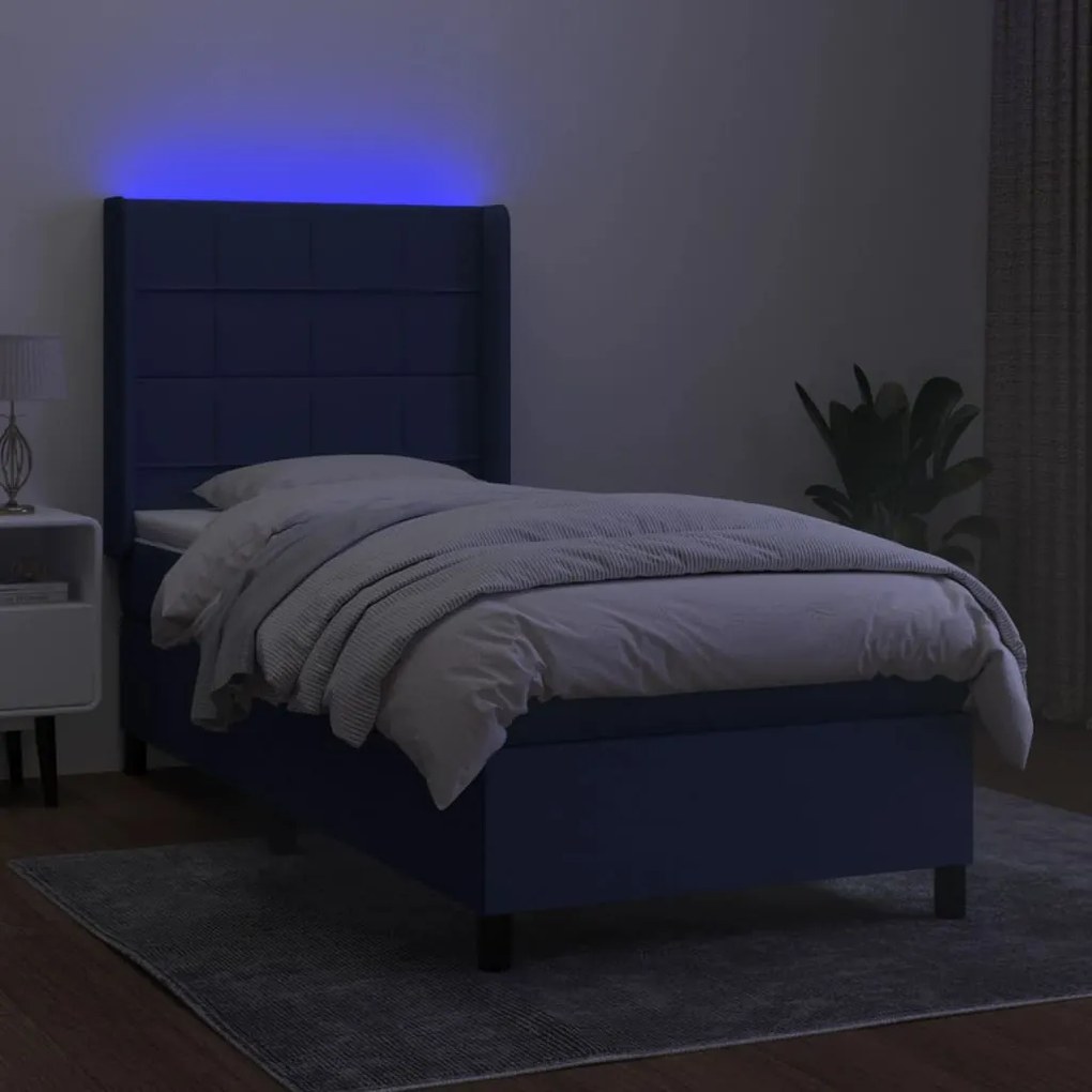 Letto a molle con materasso e led blu 90x190 cm in tessuto