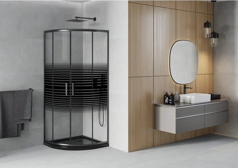 Mexen Rio cabina doccia semicircolare 80 x 80 cm, fasce nere, nero + piatto doccia Flat, nero - 863-080-080-70-20-4170B
