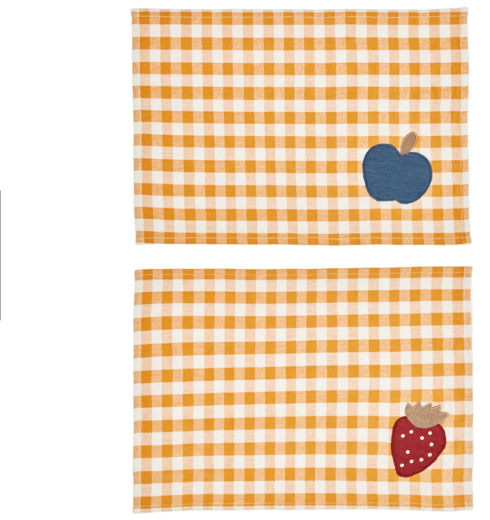 Kave Home - Set Naunet di 2 tovagliette a quadretti senape e bianchi con dettaglio frutta 100% cotone