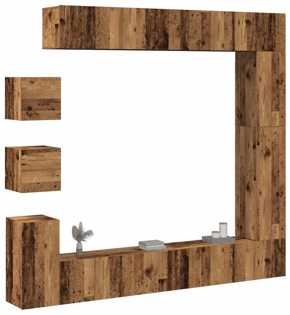 Set Mobile Tv 9 Pz Montato A Parete Legno Antico İn Truciolato /