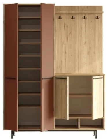 Mobile Ingresso Multiripiano Con Scarpiera E Appendiabiti Whisper Effetto Legno E Rosso