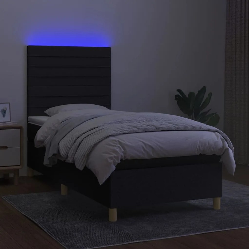 Letto a molle con materasso e led nero 90x200 cm in tessuto