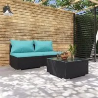 Set Divani da Giardino 3 pz con Cuscini in Polyrattan Nero cod mxl 42279