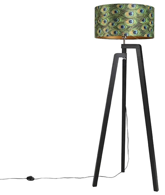 Lampada da terra treppiede nera con paralume a motivo pavone 50 cm - Puros