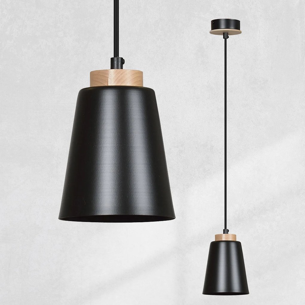 Sospensione 1 Luce Lancillotto A Cono In Acciaio Nero E Legno Naturale