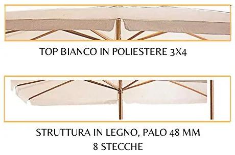 Ombrellone da Giardino 3x4, Palo Centrale in Legno Top in Poliestere Bianco - 300x400