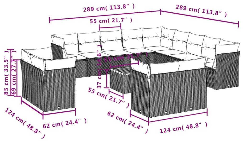 Set divani da giardino 14pz con cuscini in polyrattan grigio