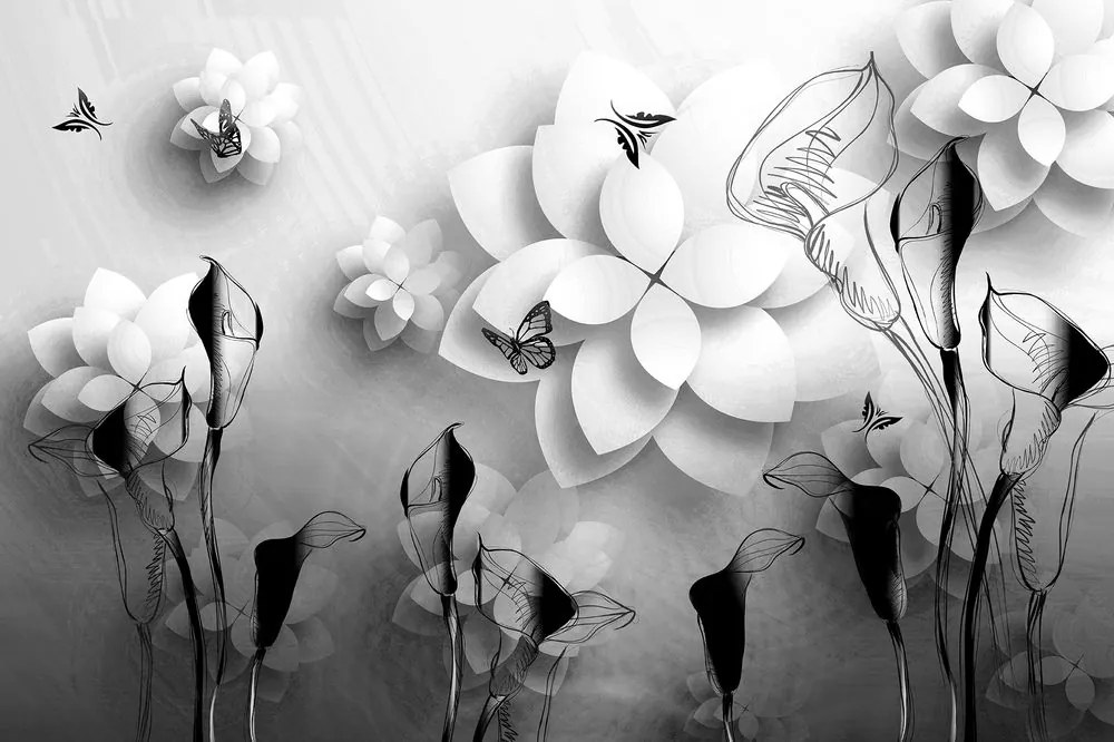 Carta da parati – Fiori astratti in bianco e nero