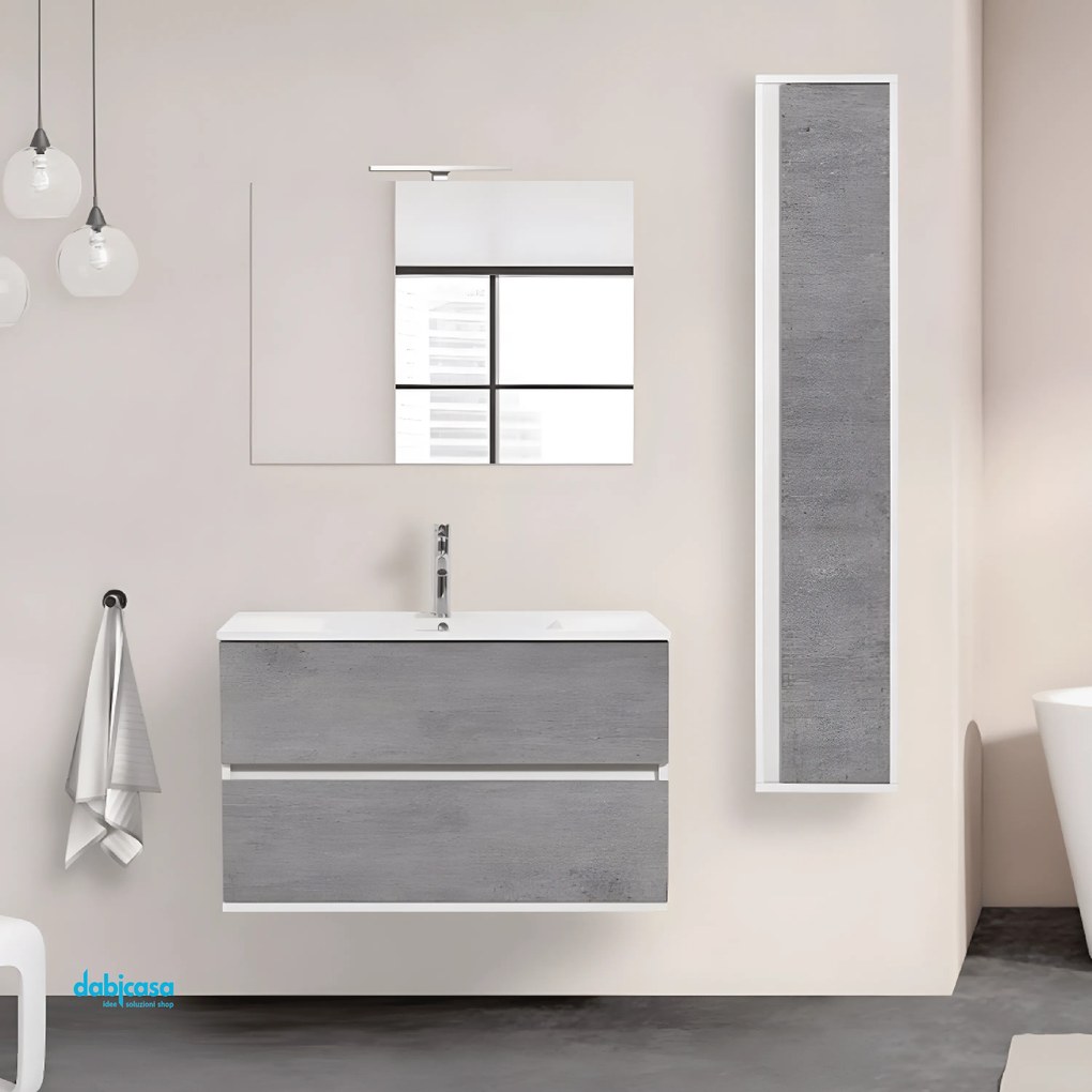 Mobile Bagno Sospeso "Fabula" Da 90 Cm Composto Da Due Cassetti Finitura Cemento/Bianco Opaco