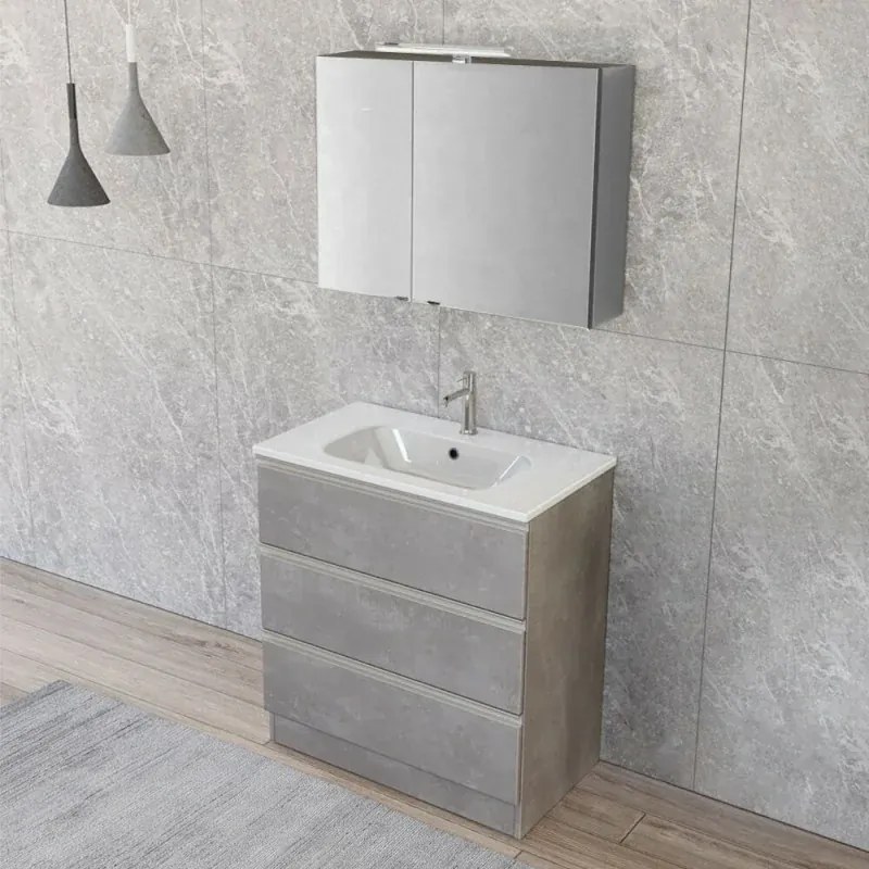 Mobile bagno a terra 80 cm Master grigio con lavabo e specchio contenitore