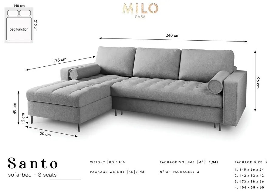 Divano letto angolare grigio scuro, angolo sinistro Santo - Milo Casa