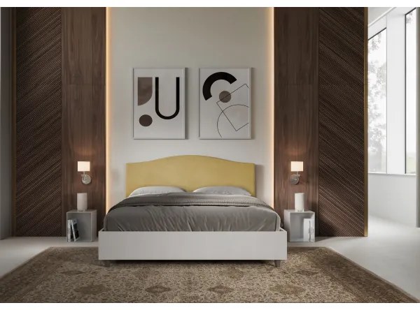 Letto contenitore da 160x200 in legno bianco e testata in microfibra ocra Grace