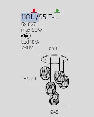 Sospensione cromo 5 luci tonda vetri tr + am + fu + ve + bl 1181cr-...