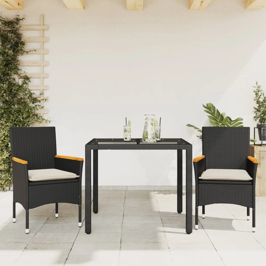 Set Da Pranzo Da Giardino 3 Pz Con Cuscini Polyrattan E Vetro /