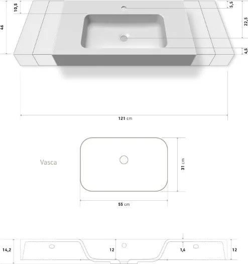 Lavabo sospeso 121x46 cm mineralmarmo finitura bianco opaco