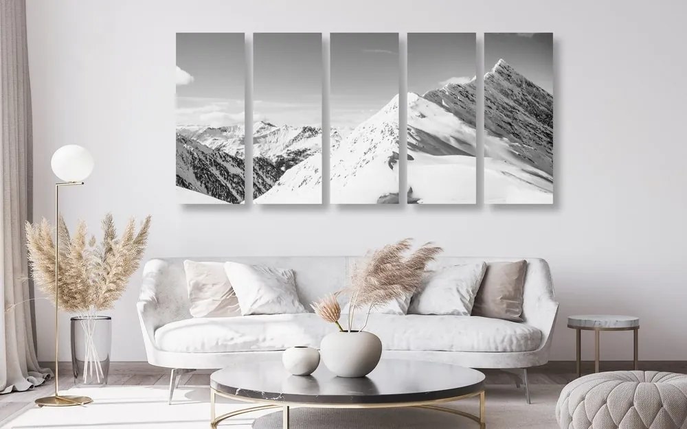 Quadri 5 pezzi – Catena montuosa innevata in bianco e nero