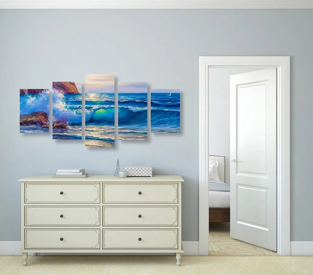 Quadri 5 pezzi – Onde del mare sulla costa