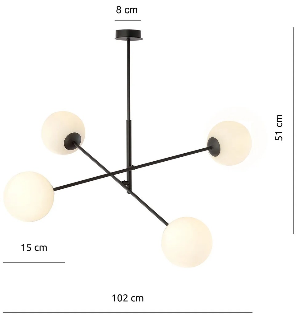Lampadario 4 Luci Yama In Acciao Nero Con Bracci Regolabili E Vetro Opale