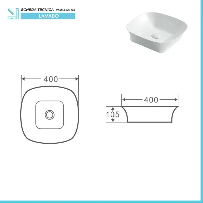 Lavabo da appoggio 40x40 quadrato in ceramica bianco lucido