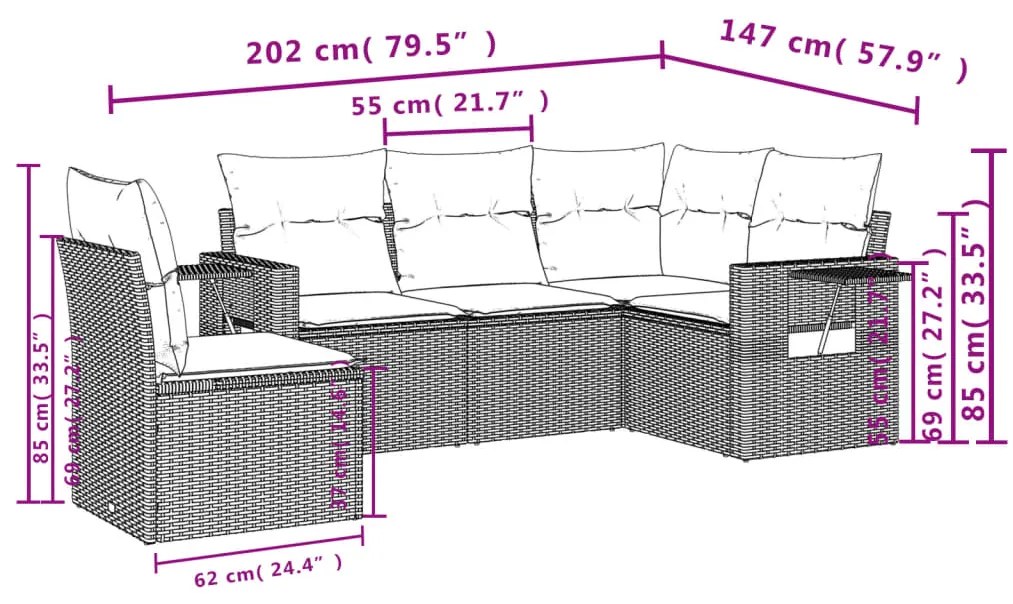 Set Divano da Giardino 5 pz con Cuscini Grigio in Polyrattan