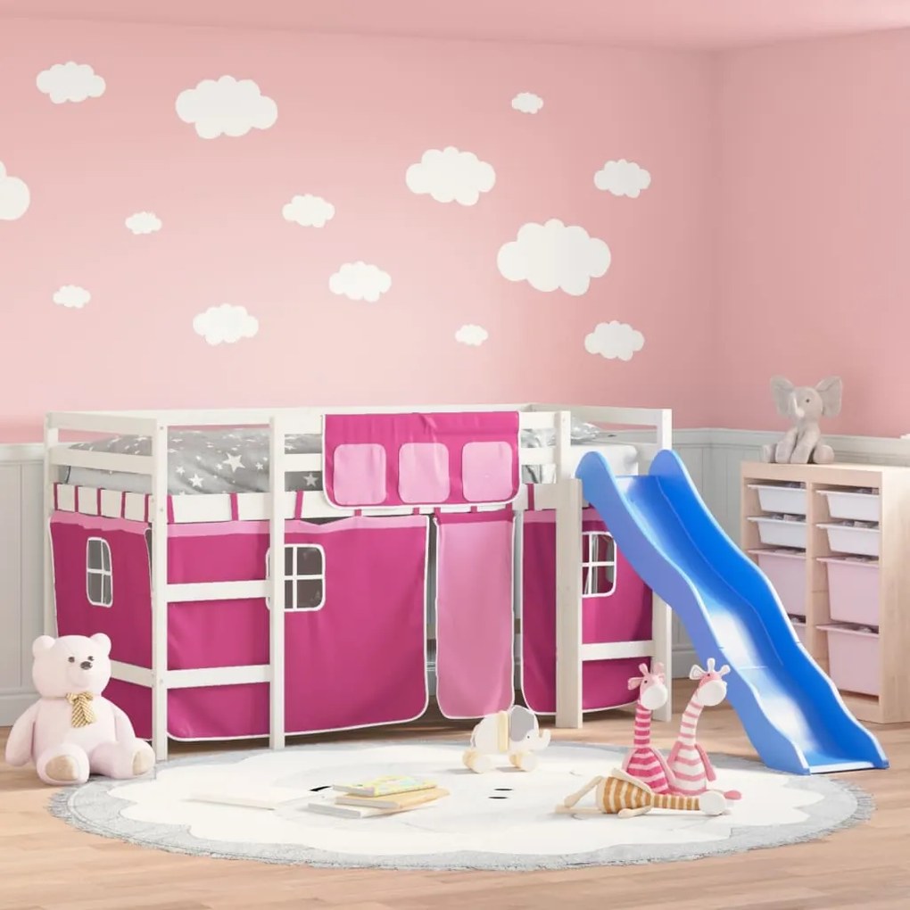Letto A Soppalco Con Tende Bambini Rosa 80x200 Cm Massello Pino /