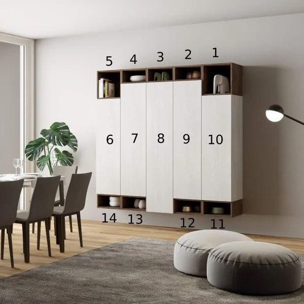 Parete soggiorno verticale Isoka A35 L.200 H.194 P.39,5 Bianco e Noce