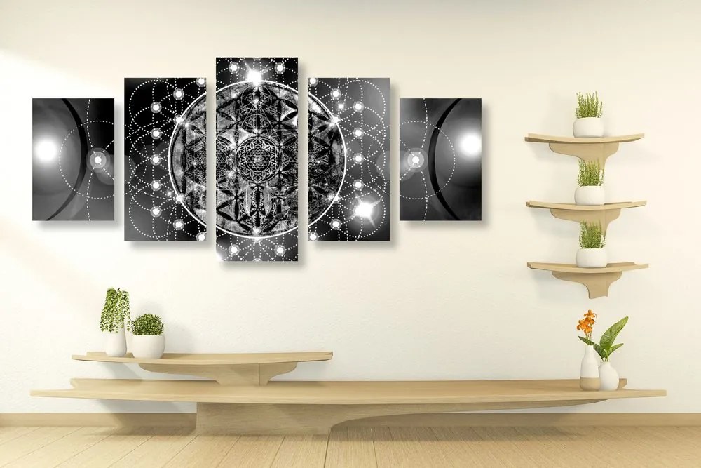Quadri 5 pezzi – Mandala affascinante in bianco e nero