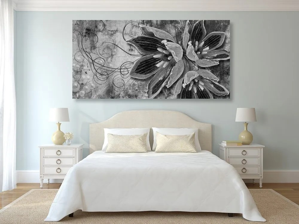 Quadro su tela – Fiori con perle in bianco e nero
