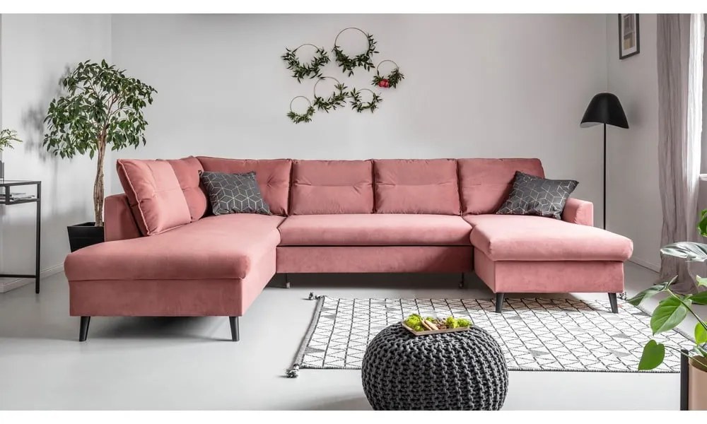 Divano letto a U in velluto rosa, angolo sinistro Stylish Stan - Miuform