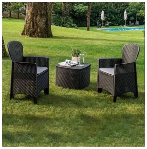 Salotto da Esterno in Rattan 1 Tavolo + 2 Poltrone Con Cuscini Antracite mod. Tree