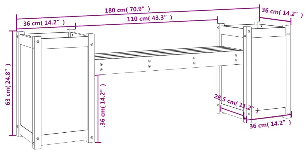 Panchina con Fioriera Nera 180x36x63cm Legno Massello di Pino