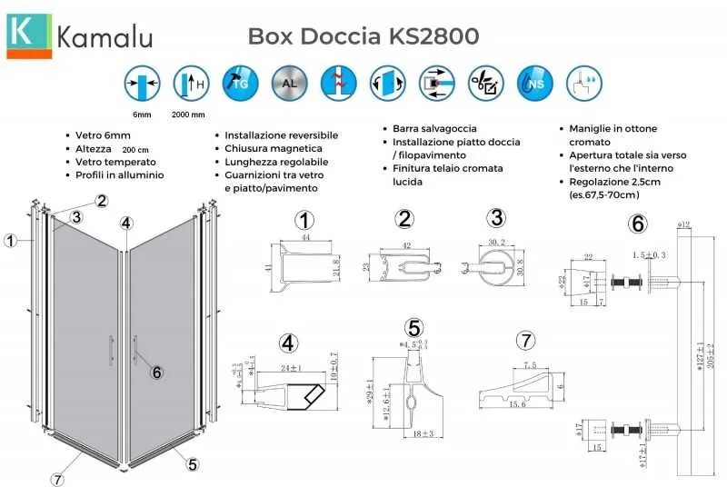 Kamalu - Box doccia angolare 90x75 due ante battenti finitura cromo | KS2800