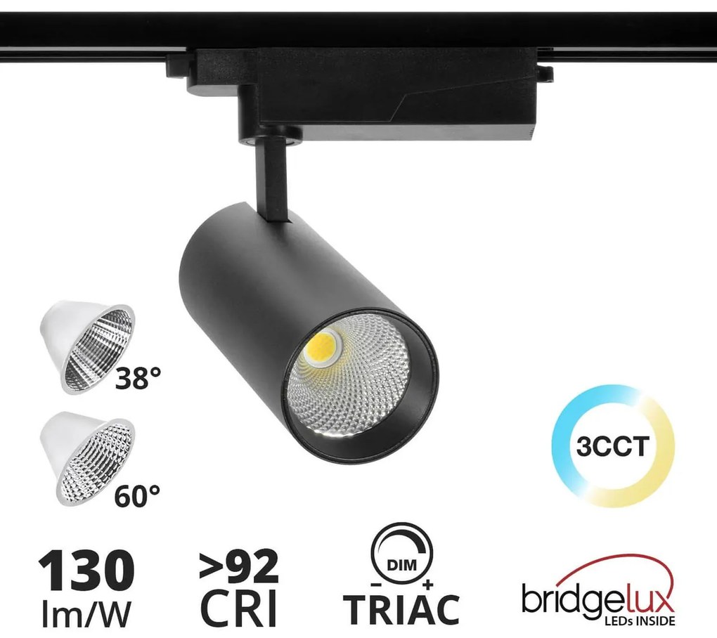 Faro LED 40W Dimmerabile Triac Binario Monofase 38°/60° Nero CCT CRI92 Colore Bianco Variabile CCT